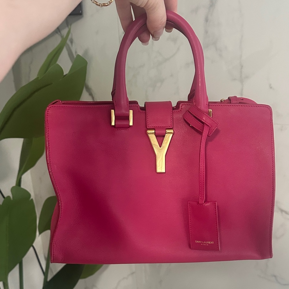 Saint Laurent Y Small Fuchsia Handbag with Gold Accents